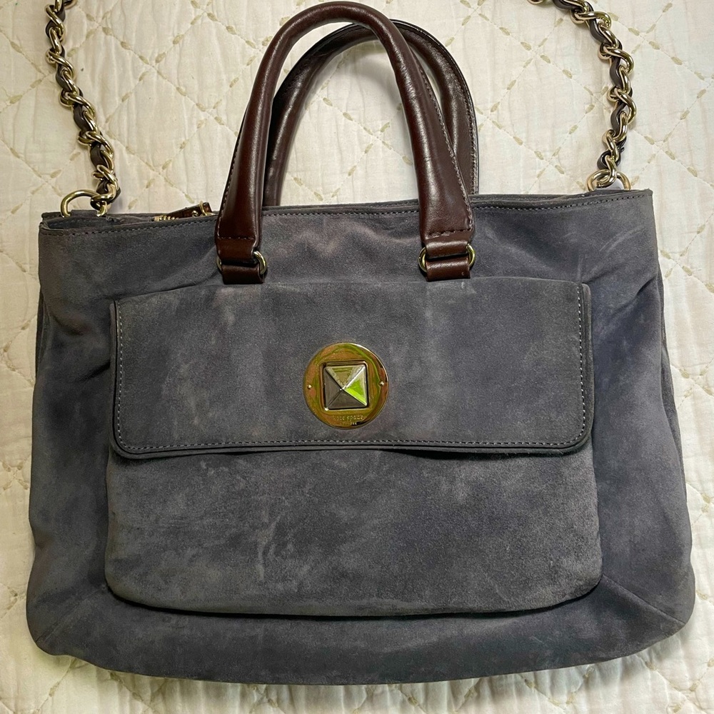 Kate Spade grey suede satchel with shoulder strap. Gold hardware.